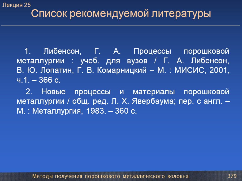 Методы получения порошкового металлического волокна 379 Список рекомендуемой литературы 1. Либенсон, Г. А. Процессы